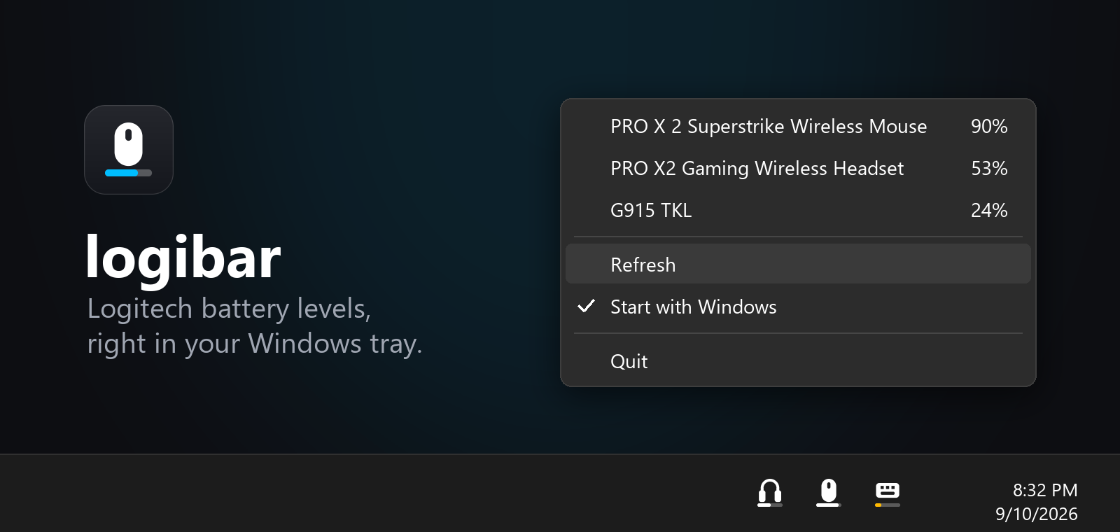Logibar release preview: mouse, headset and keyboard battery readings, with tray icons and a Start with Windows option.